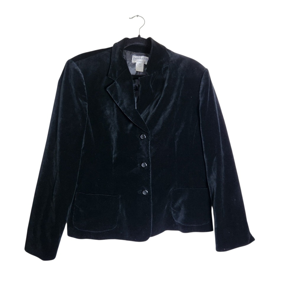 Pendleton Black Velvet Blazer Jacket Womens Size 14 Three Button Cotton Blend
